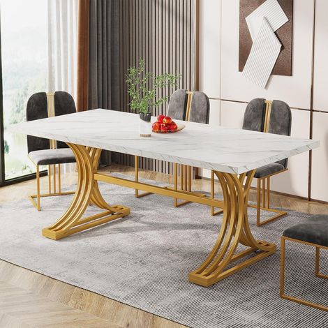 Moderner Esstisch 160x80cm Kunstmarmor Weiß/Gold für 4-6 Personen (1/5)