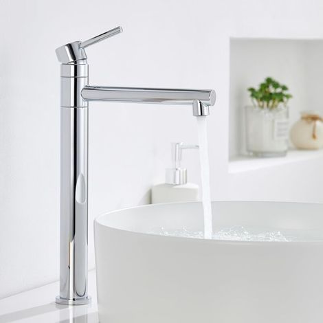 Mitigeur Lavabo Vasque à Poser, Robinet Salle de Bain Pivotant à 360°, Robinet Lavabo Haut Chromé pour Vasque, Acier Inox, Chaud et Froid Réglable (1/5)