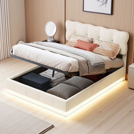 Cama Cofre 140x200 - Mecanismo Hidráulico Silencioso - Terciopelo Beige - Iluminación RGB
