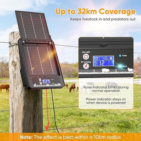 Kit de clôture électrique solaire, tension réglable 6-12 kV, sortie d'énergie 0,3-2,0 J, batterie 18000 mAh, deux cellules solaires 10 W, portée de 32 km, étanche IP55, agriculture (1/4)