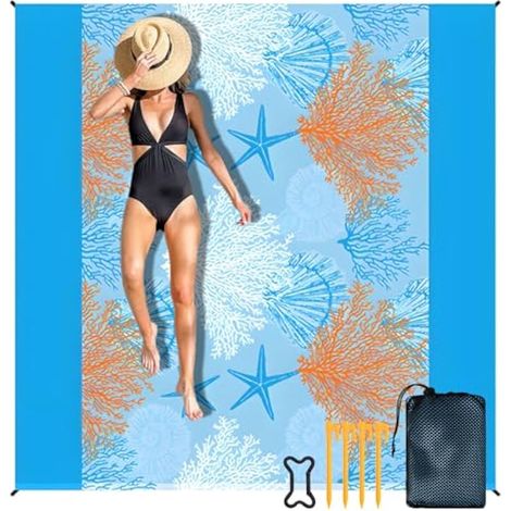 Anti-sand beach blanket, 200 x 200 cm, waterproof polyester beach blanket, coral shaped outdoor waterproof mat, for festivals, hiking, picnics, camping Storage Bag, Beach Mat Waterproof Sand Proof Po (1/5)