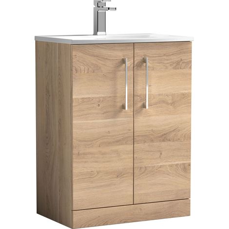 Balterley  Modern Bathroom Floor Standing 2-Door Vanity & Basin, Bleached Oak, 600mm (1/4)