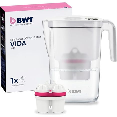Carafe filtrante à eau blanche, 2,6 L, réduit le calcaire, le chlore et les impuretés, avec 1 cartouche filtrante minéralisée avec magnésium (1/5)