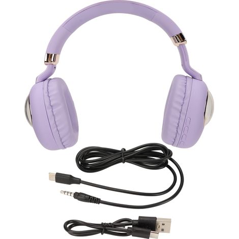 Casque de jeu Bluetooth stéréo filaire sans fil mignon dessin animé avec lumière LED violet pour jeux films musique (1/5)