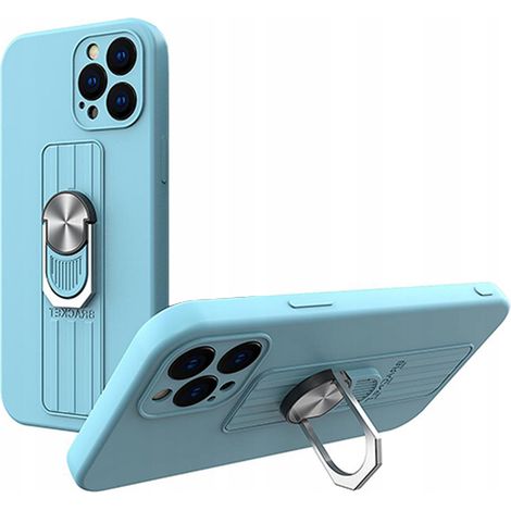Funda de silicona con anillo para el dedo y soporte para iPhone 13 Pro, color azul claro. (1/5)