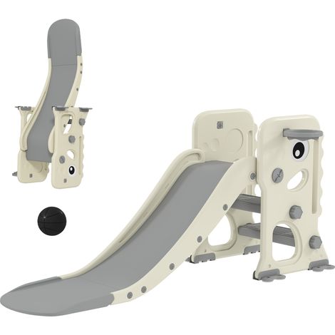 3 in 1 Kids Slide with Climber, Basketball Hoop and Ball, Foldable Indoor Toddler Slide for Ages 2-5, Cream White