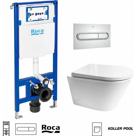 Pack WC Bastidor ROCA Duplo cisterna empotrada y pulsador PL1 cromo brillo con wc sus Tornado Orion tapa envolvente blanco brillo Koller Pool (1/5)