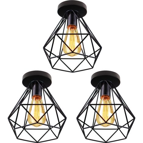 Retro Plafonnier Industrielle Cage Diamant en Metal Fer Lampe pour Salon Cuisine Couloir Noir 3PCS (1/5)