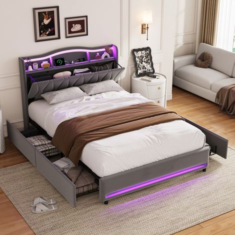 lit 160 x 200cm avec sommier, Grand lit 2 places, Tiroirs de rangement, avec port USB et LED, Chambre moderne, Gris, velours
