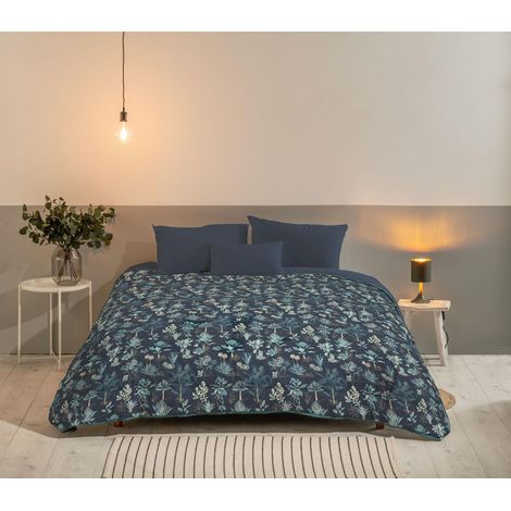 Couette Chaude Imprimée Végétale Réversible 220x240 cm pour Lit 2 Personnes, 100% Microfibre, Bleu Marine/Bleu Acier (1/4)