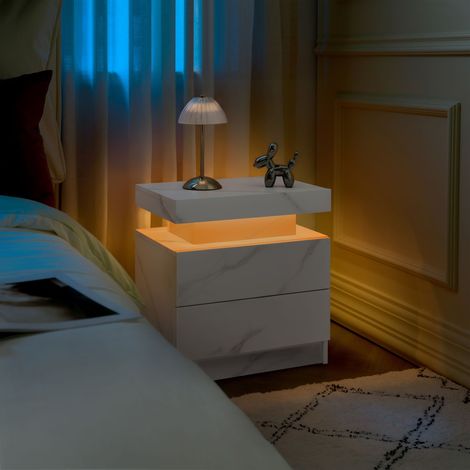 Table de chevet lumineuse LED moderne avec 2 tiroirs, meuble de nuit blanc effet pierre pour chambre à coucher (1/5)