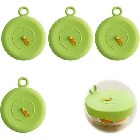 Ecleanfy - 4 couvercles silicone étirables 10cm. Horaires intégrés, sans BPA. Vert. Idéal tasses/verres/canettes. (1/5)
