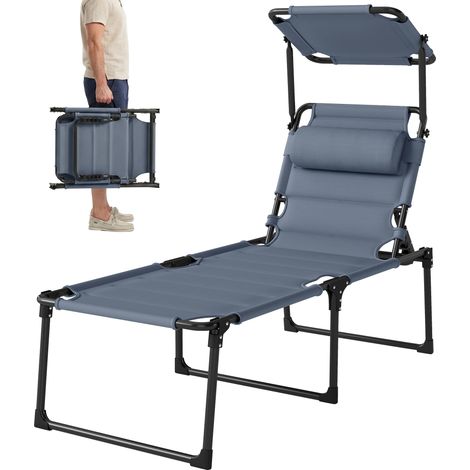 Transat pliable avec pare-soleil et appui-tête réglable en tissu Oxford, 70 x 200 x 45 cm, gris