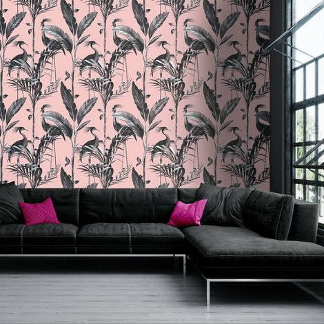 Belgravia Azzura Leaf Blush Pink Metallic Silver Tropical Birds Leaf Wallpaper (1/2)