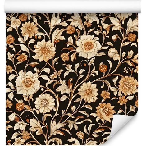 Papier peint Fleurs et Feuilles Ocre, Or et Marron pour Salon et Chambre 50x1000 (1/5)