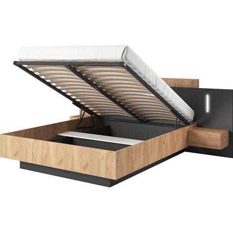 Letto con contenitore con comodini - 2 cassetti - con LED - 160 x 200 cm - Naturale e Antracite - FRANCOLI