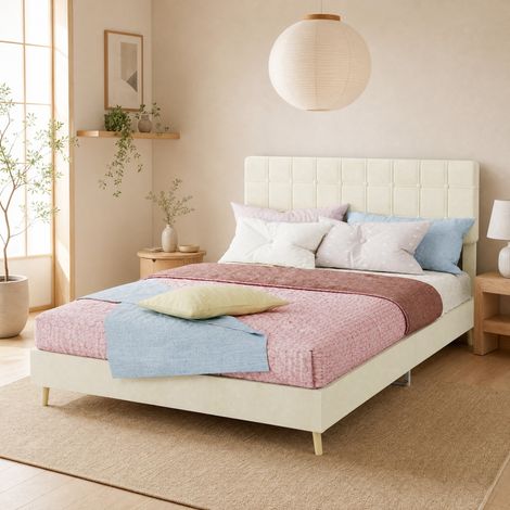 Letto matrimoniale imbottito in tessuto beige 140 x 200 cm con testiera trapuntata (1/5)