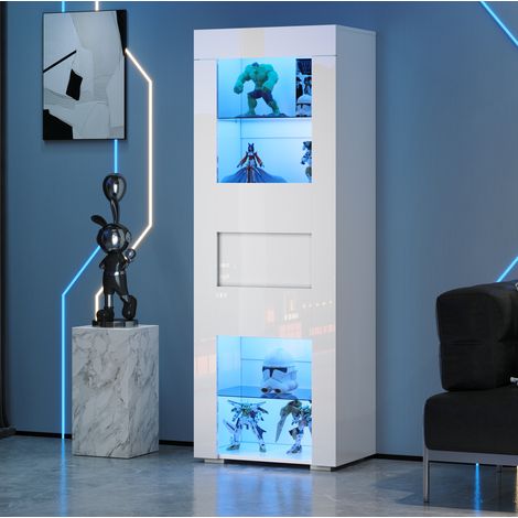 Vitrine haute blanche 60 x 40 x 170 cm, porte acrylique, LED, MDF, verre trempé (1/5)