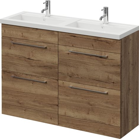 Napoli 390 Tobacco Oak 1200mm 4 Drawer Vanity Unit with Double Lucia Basins - 1200mm - Chrome 320mm Handle