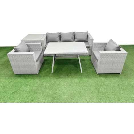 Fimous Outdoor PE Rattan Sofa Armchair Set Patio Garden Furniture Sets with Cushions Side Table Light Grey 6 Pieces (1/4)