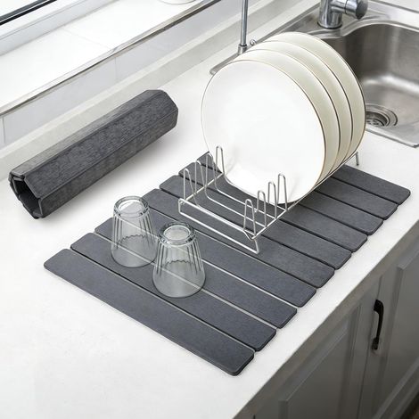 Tapis Egouttoir de Cuisine en Pierre Séchage, Séchage Rapide Diatomées Draineur à Vaisselle Matt, Tapis Absorbant l’Eau pour Bouteilles Tasses Ustensiles, Pliable, 60×39cm, Gris Foncé (1/5)