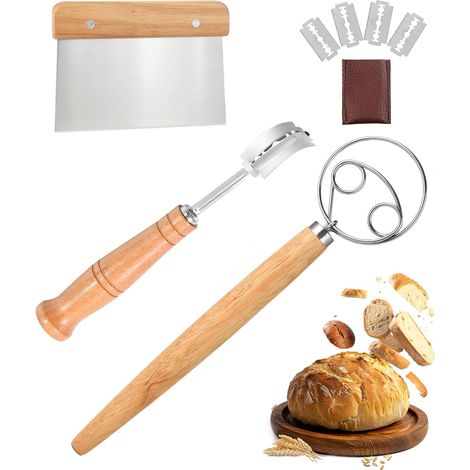 3 Pièces Fouet Danois - Lame à Pain - Coupe-Pâte, en Acier Inoxydable avec Manche en Chêne, 5 Lames et Sac de Rangement, Idéal pour Baguettes, Pâte, Pain DIY et Cuisson (1/4)