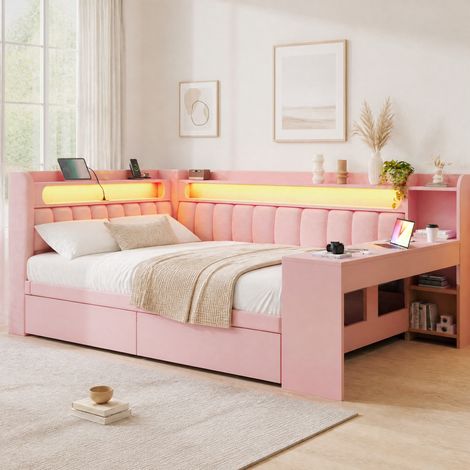 Daybed capitoné 140x200 cm con USB, LED, escritorio integrado y 2 cajones, rosa (1/5)