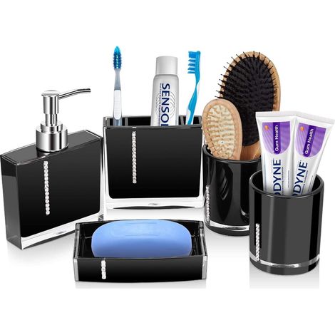 Ensemble d'Accessoires de Salle de Bain 5 Pièces, Acrylique, Distributeur de Savon, Porte-Savon, Gobelet, Porte-Brosse à Dents (1/5)