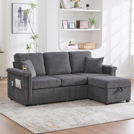 Sofá modular de terciopelo acanalado (pana) con LED, USB/Type-C, un puf, almacenamiento y bolsillos, gris oscuro, 194x73x81 cm (1/5)