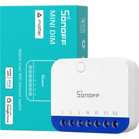 SONOFF MINI-DIM Variateur WiFi pour LED à intensité variable, transformateurs électroniques, lampes halogènes à incandescence, conducteur neutre nécessaire, mesure de la puissance (1/5)