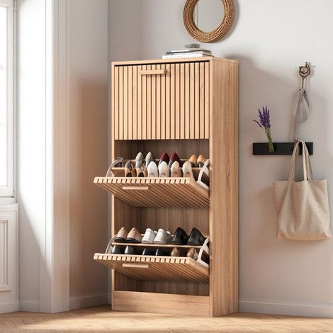 Schuhschrank mit 3 Türen aus Holz 60x24x113 cm – zeitgenössischer Eingangs-Schrank
