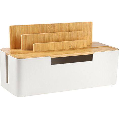 Kabelmanagementbox mit Bambusdeckel, Kabelorganisatorbox zum Ordnen und Verstecken von Kabeln, sichere ABS-Kabelabdeckung für Zuhause und Büro, Weiß