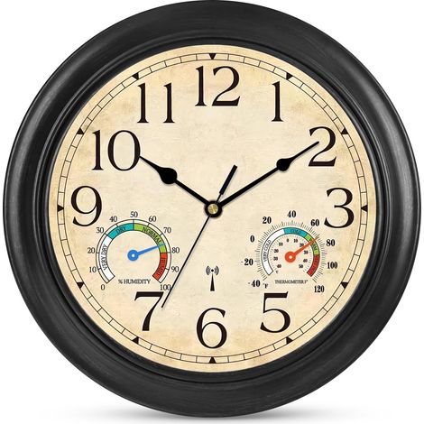 Horloge murale radio, Horloge murale silencieuse rétro pour salon 30 cm Horloges de cuisine sans bruit avec affichage de la température et de l'humidité (Noir) (1/5)