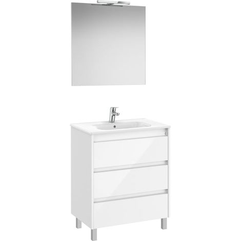 MUEBLE LAVABO 700MM TENET 3 CAJONES + ESPEJO Y APLIQUE LED BLANCO BRILLO