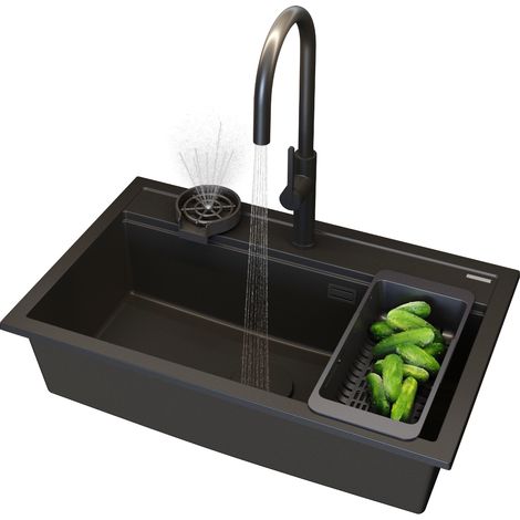 Évier de Cuisine en Granit Noir ASTI avec Mitigeur, Égouttoir, Siphon Rectangulaire, Panier Pliable et Accessoires – 1 Bac (1/5)