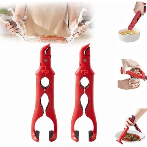 Rouge Pince à assiettes chaudes 3 en 1 (2 pièces), support de bol anti-brûlure multi-angles et outil de préhension pour assiettes chaudes avec verrouillage pour chauffe-bols. (1/5)