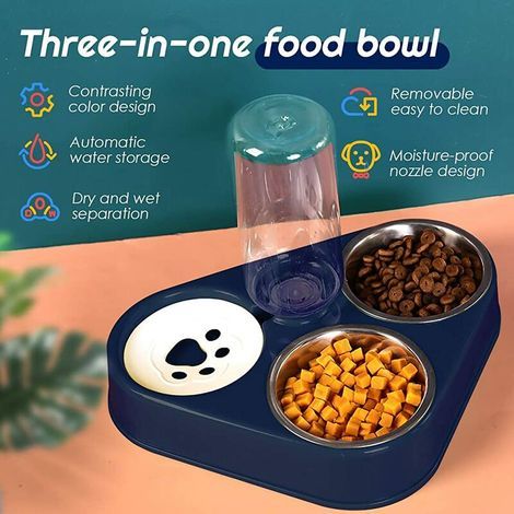 Doppelt erhöhter Katzennapf, 3-in-1-Katzennapf aus Edelstahl mit Anti-Erbrechen-Funktion, automatischer Wassernapf für Haustiere, geeignet für Katzen und Welpen (Blau) (1/4)