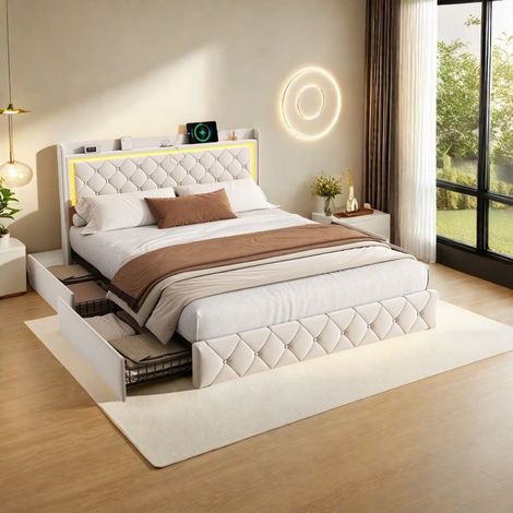 Doppelbett 140x200 cm mit LED-Lichtern und 4 Schubladen - Aufbewahrung Bett 140x200 cm mit Lattenrost - Bett 140x200 cm - VELVET-Stoff - Beige