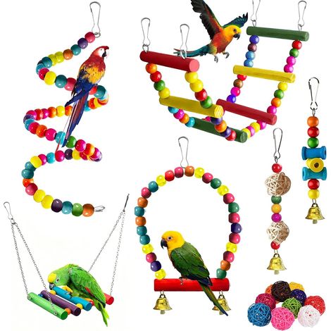 Jouets pour Oiseaux, 16 Pièces Jouet Perroquet, Accessoire de Cage à Oiseaux Suspendre, Jouets à Mâcher en Bois, Balançoire, Échelle, Sepak Takraw, Cloches, pour Perroquet, Inséparables, Pinsons (1/5)