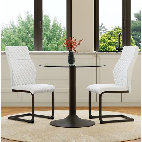 Ensemble table et chaises de salle à manger, table ronde en verre 85 cm, 2 chaises blanches HAVRYA (1/5)