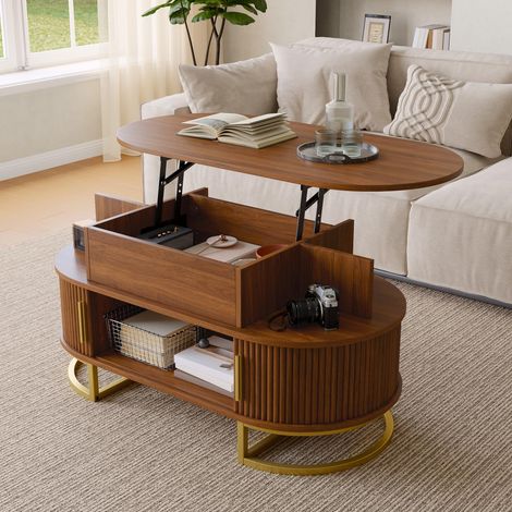 Couchtisch höhenverstellbar 100x50x64 cm mit stauraum und schiebetüren - Ovaler wohnzimmertisch kaffeetisch aus mdf und gold-stahlgestell - Nussbaum (1/5)