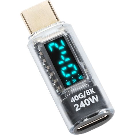Adaptateur secteur USB-C avec testeur de puissance PD 240 W, 8 kHz, 60 Hz, transfert 40 Gbit/s, adaptateur d'extension USB-C mâle vers femelle avec affichage numérique (1/5)