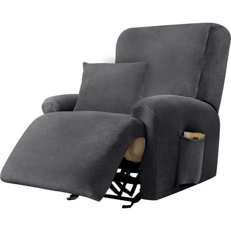 Stretchhusse für Relaxsessel, 4-teilig, Samt, mit Kissenbezug und Taschen, Grau (1/5)
