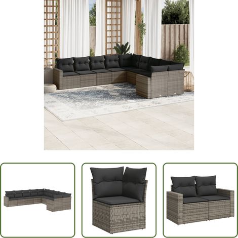 vidaXL Canapé en résine - Salon de jardin avec coussins 10 pcs gris résine tressée (1/5)