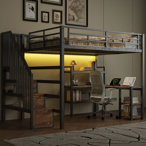 Lit mezzanine 140x200 cm, avec escalier, bureau intégré, rangements, station USB et éclairage LED, structure métal et MDF, Noir
