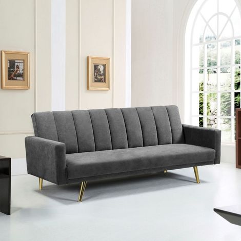 Divano letto Issyk in tessuto grigio con piedi metallo dorati (1/5)
