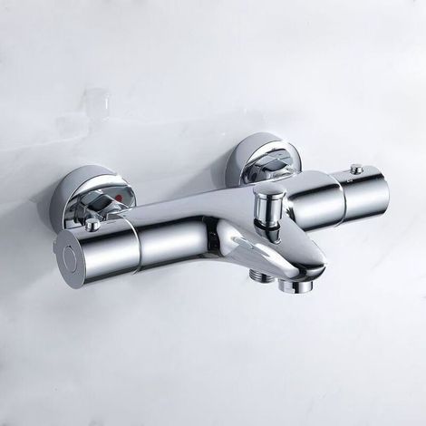 Mitigeur Baignoire Thermostatique, Mitigeur Douche Thermostatique en Cuivre, Robinet de Baignoire avec Arrêt de Sécurité à 38°C, Mural Robinet de Douche avec 2 Sorties, Entraxe 150mm, Argent (1/5)