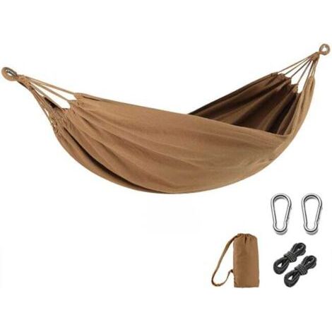 Hamac pour 2 personnes 190 x 150 cm Charge maximale 400 kg, hamac balançoire d'extérieur avec sac de transport, corde et mousqueton, marron (1/5)