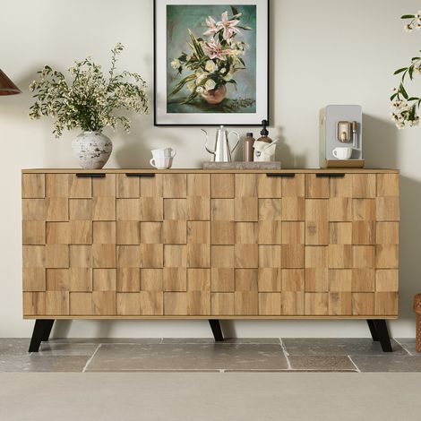 Buffet 160 cm in legno, con 4 porte, ripiani, venatura del legno, piedi in metallo, stile rustico per soggiorno e cucina - Colore quercia