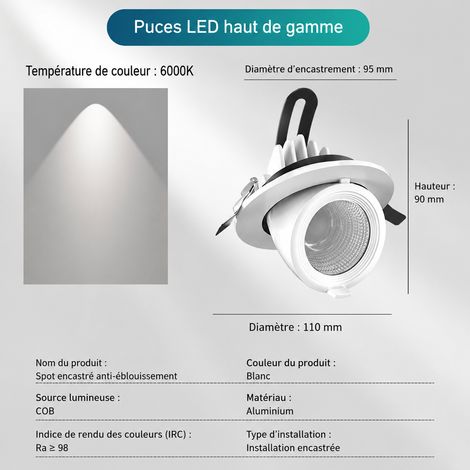 Spot LED encastrable orientable 15W 4000K perçage 95 mm Ra98 15w 95mm 4000k réf 500 g – Livraison gratuite